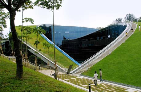 הפקולטה לאמנות באוניברסיטת נאן־יאנג בסינגפור היא בניין בן חמש קומות שמכוסה בגג ירוק מהמקוריים בעולם: הגג של האוניברסיטה הוא המשך ישיר של המדשאות שמקיפות אותה. בארצות הברית הותקנו בשנים האחרונות עשרות גגות ירוקים באוניברסיטאות ובהן הרווארד, ייל, דיוק וקרנגי מלון, צילום: cc by Venet