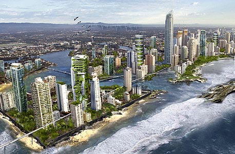 עיר אוסטרלית ב-2050. ורכבות אוסטרליות מרחפות על פני המים, צילום: רויטרס