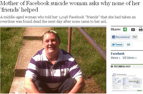 הדיווח בבריטניה על התאבדותה של סימון בק. מקרה שפייסבוק מנסה למנוע את הישנותו, צילום מסך: telegraph.co.uk