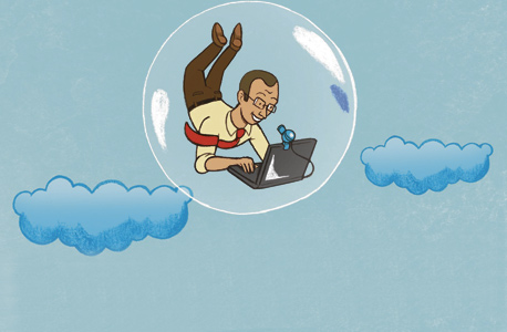 A caricature of a tech worker in a bubble. Illustration: Racheli Shalev
