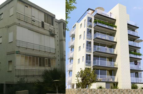 בניין ברחוב עציון ברמת גן המיועד לתמ"א 38. לפני ואחרי, צילום: אחדות פרוייקטים