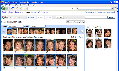 Picasaweb תומכת בזיהוי פנים אוטומטי, ומקילה על תיוג קבוצתי של תמונות לפי המצולמים בהן, צילום מסך: cnet.com