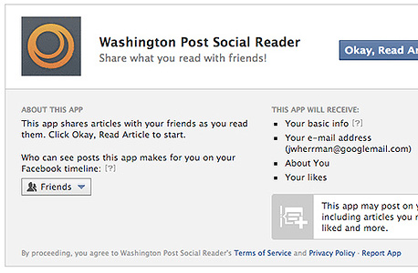 וושינגטון פוסט - היה בין הראשונים דווקא לשתף פעולה עם פייסבוק ולהשיק אפליקציית מאמרים חברתית, צילום מסך: Facebook
