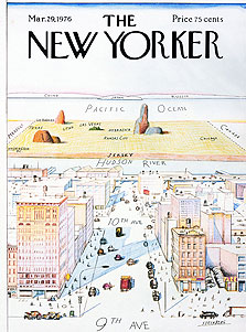  אחד השערים הידועים של "הניו יורקר", מ־1976 - ניו יורק כמרכז העולם. איור של סול סטיינברג, איור: Saul Steinberg