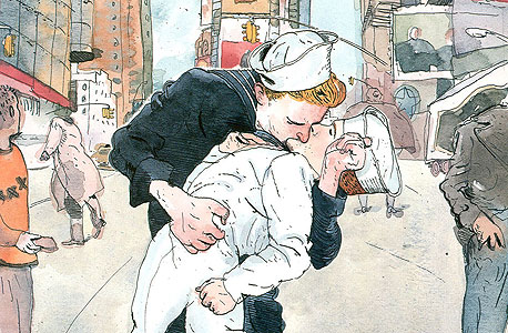 שער שנוי במחלוקת מ־1996, בעקבות הצילום המפורסם של נשיקת האחות והמלח בטיימס סקוור, ניו יורק, עם סיום מלחמת העולם השנייה, איור: Barry Blitt