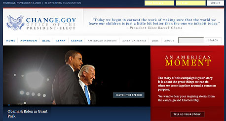 לא שכח את התומכים אחרי הבחירות. אובמה וביידן באתר חילופי השלטון, צילום מסך: change.gov