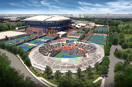 הדמיה של המרכז החדש בקווינס. האצטדיון, המכיל 22.5 אלף מושבים, ונחשב לאצטדיון הטניס הגדול בעולם, בנוי על מזבלה, ולהערכת המומחים ייתכן והיא לא תוכל לשאת את המשקל הנוסף כתוצאה מהגג החדש