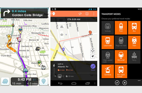 מימין: נוקיה Here Transit לווינדוס פון, מוביט לאנדרואיד, ווייז ל-iOS