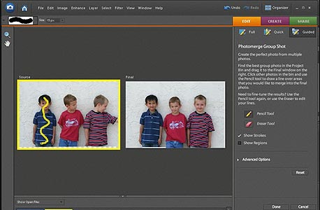 שילוב שתי תמונות קבוצתיות בהן רק חלק מהילדים הסתכלו על המצלמה לתמונה אחת מוצלחת  באמצעות Photomerge Group Shot ב-Photoshop Elements, צילום מסך: adobe.com