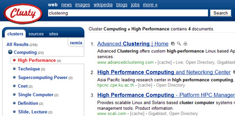 Clusty מאגד תוצאות חיפוש לפי קבוצות נושאים שקשורים לחיפוש המקורי, צילום מסך: clusty.com