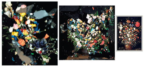 בוקה. ציור של יאן ברויגל מ-1603 (מימין) ושתיים מהעבודות שגרשט יצר בהשראתו. "כדי לשחזר בדיוק את הפרחים שבציור פיסלנו כל פרח בעבודת יד מפלסטיק, משי ובד", צילום: אורי גרשט