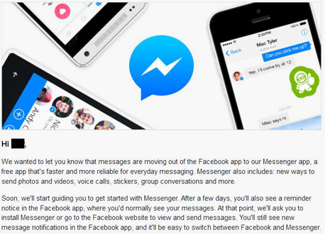 הודעת פייסבוק לפיה חובה להתקין את פייסבוק מסנג