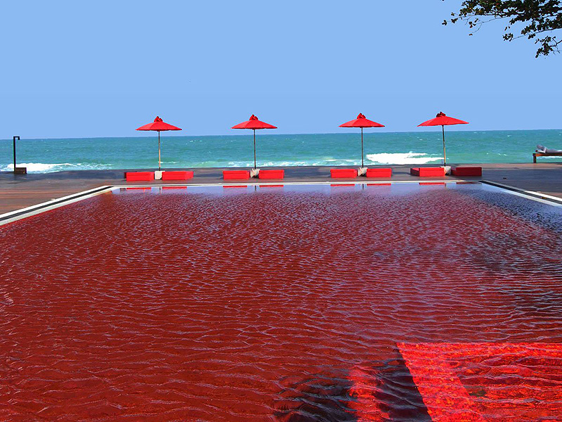 קו סאמוי תאילנד: לבריכה במלון יש מראה ייחודי שכולל אריחים בצבע אדום-דם שיוצרים אפקט מרשים המהווה קונטרסט לחוף