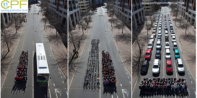 הקמפיין האוסטרלי: איך מכניסים 72 נוסעים למכוניות, לאוטובוס ולאופניים, צילום: bikehub.co.uk