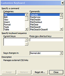 התאמה אישית לקיצורי מקלדת ב-Word 2003