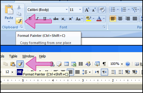 מברשת העיצוב בסרגל הכלים של Word 2007 (למעלה) ו-Word 2003 (למטה)