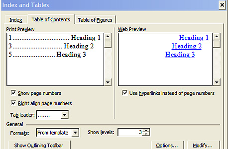 תוכן עניינים אוטומטי בוורד 2003, צילום מסך: Word