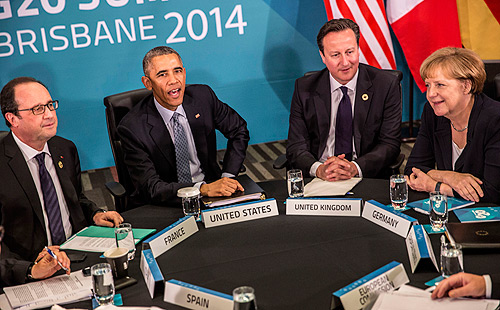 ועידת G20 באוסטרליה בסוף השבוע האחרון: מימין אנגלה מרקל, דיוויד קמרון, ברק אובמה ופרנסואה הולנד
