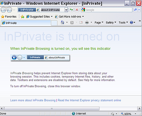 מצב גלישה פרטי, צילום מסך: Internet Explorer 8