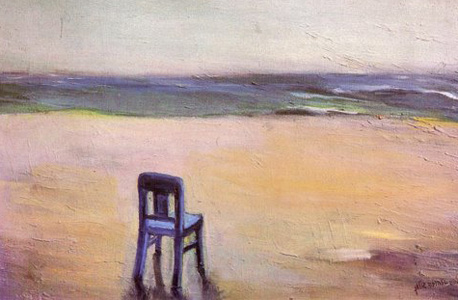 כיסא בחוף הים שממתין לבעליו. ציור שמן של אהובה שולמן