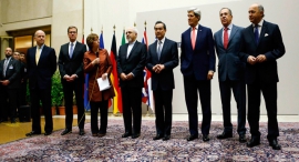 U.S., EU and Iranian officials at the announcement of the Iran nuclear deal. Photo: EPA