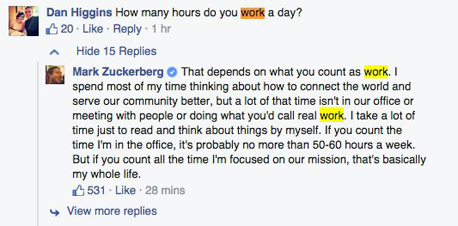 מארק צוקרברג פייסבוק שעות עבודה, צילום מסך: פייסבוק
