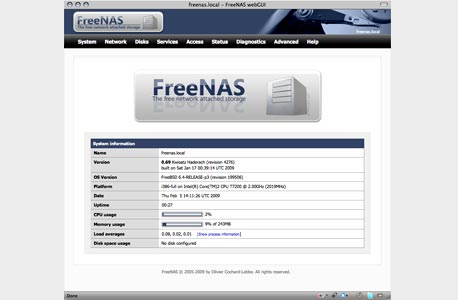 המסך הראשי של FreeNAS, צילום מסך: FreeNAS