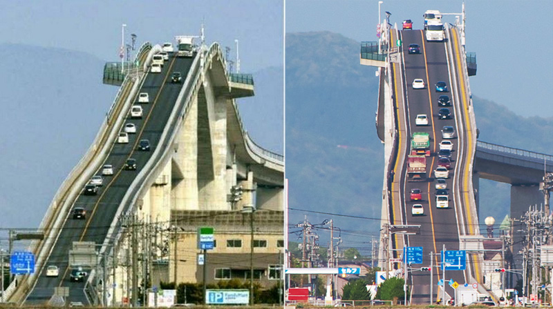 שתי זוויות של גשר אשימה אוהאשי. לא רצוי לנסות זינוק בעלייה, צילום: flickr / shin Suzuki