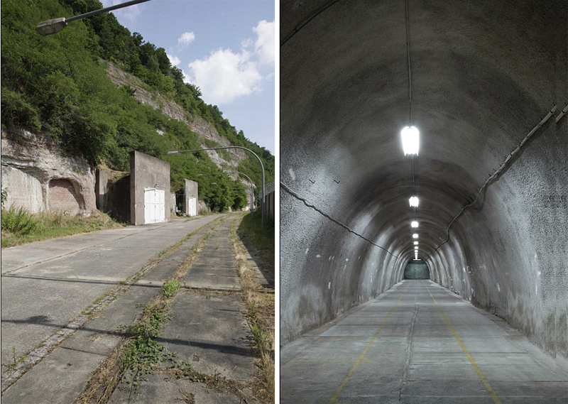 הכניסה החיצונית למתחם המוגן (משמאל) ואחת מהמנהרות המובילות לבתי המגורים (מימין), צילום: VIVOS