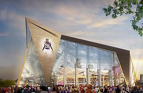 הדמיית האצטדיון במינסוטה. האצטדיון, שצפוי להיפתח בקיץ הבא לפני עונת 2016, נבנה בעלות של 1.078 מיליארד דולר, כשהוויקינגס אחראים ל-566 מיליון דולר מכך, ושאר הכספים מגיעים ממשלמי המסים בעיר ובמדינה. סופרבול 2018 מתוכנן להתקיים במקום.