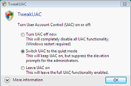 השתמשו ב-TweakUAC כדי להעביר את UAC למצב שקט