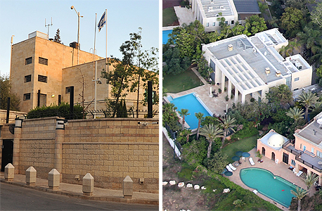 מימין: הווילה בקיסריה (עם הבריכה המרובעת) ומעון רה"מ בירושלים