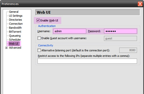 הפעלת הממשק לשליטה מרחוק, צילום מסך: utorrent.com