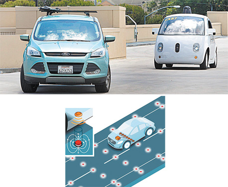 למעלה: מכונית ללא־נהג של גוגל (מימין) ברחובות מאונטיין ויו, קליפורניה. למטה:  תרשים של וולוו שמסביר את פעולת האנטנות המגנטיות בכביש, צילום: LiPo Ching