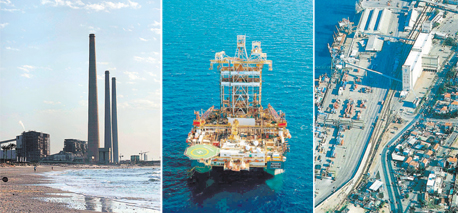 מימין: נמל חיפה, מאגר לווייתן ותחנת הכוח בחדרה. אינטרסים שונים לשימוש בים