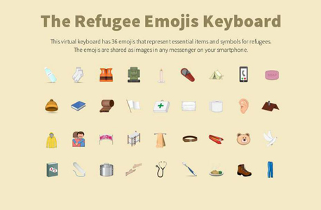 המקלדת של Refugee Emojis. סיטואציות ופריטים מחיי הפליטים 