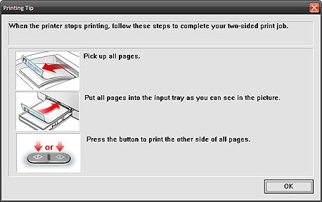 דרייבר המדפסת מציג הוראות להדפסה דו-צדדית ידנית
