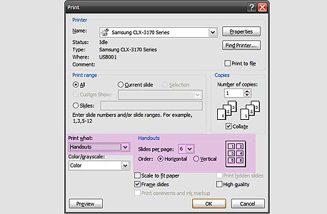 הדפסת כמה שקופיות על דף אחד בפאוארפוינט הדפסת כמה שקופיות על דף אחד בפאוארפוינט