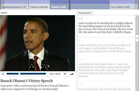אחת מהברקות הניו יורק טיימס: חיפוש מילים בווידיאו של נאום הניצחון של אובמה