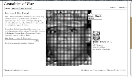 עמוד זיכרון במצגת פלאש. התמונה מורכבת משמות הנופלים בעיראק, צילום מסך: nytimes.com