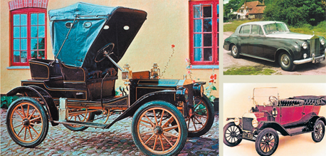 מימין למעלה בכיוון השעון: רולס רויס סילבר קלאוד מ־1960 ושני דגמי פורד T מ־1922