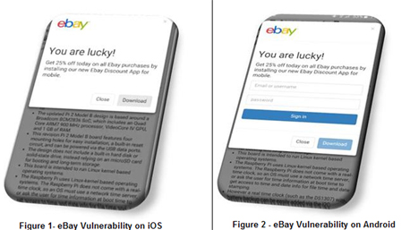 הפרצה ב-eBAY: כפי שניתן לראות, ההודעה מופיעה באתר האינטרנט של eBay, בחנות הוירטואלית של התוקף אשר מציעה הנחה חד פעמית למשתמש התמים אשר יתקין את האפליקציה הזדונית