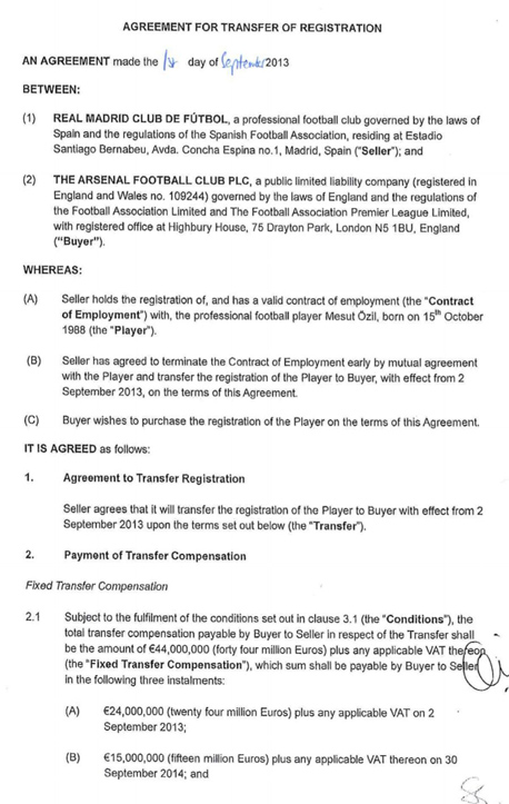 החוזה של ארסנל וריאל מדריד בהקשר של מסוט אוזיל