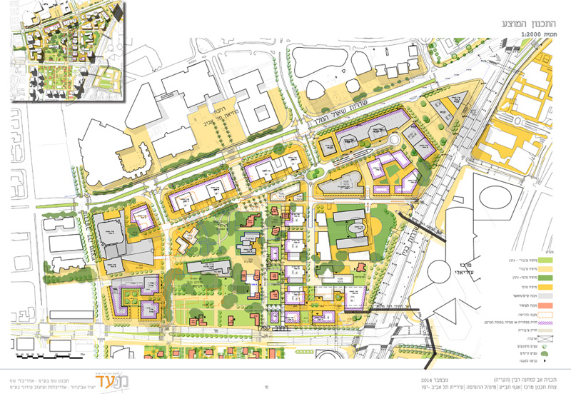 מפת הקריה אחרי הפינוי, לפי התוכנית של ''מנעד'' אדריכלים: מעונות סטודנטים, ביתני תרבות וחינוך, פארק, מגדלים ומגדלים ועוד מגדלים