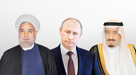 מימין: מלך סעודיה סלמאן, נשיא רוסיה פוטין ונשיא איראן רוחאני