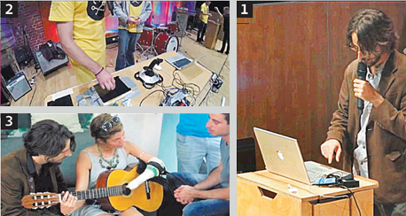 מימין, נגד כיוון השעון:  מתן ברקוביץ בהרצאה, מכשיר שמתרגם גלי EEG לנגינה ופיתוח שמאפשר לנגן בגיטרה עם יד אחת
