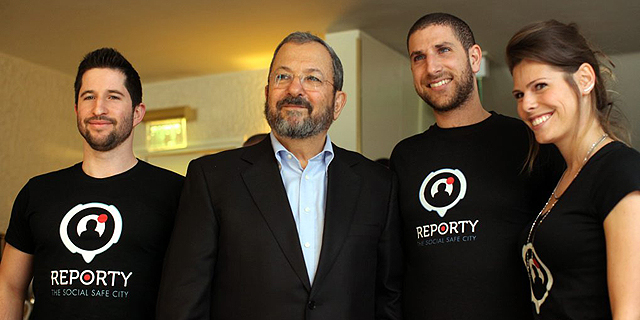 Ehud Barak with the founders of Reporty, which was rebranded as Carbyne. Photo: Amit Sha