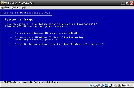 התקנת XP בתוך VirtualBox, צילום מסך