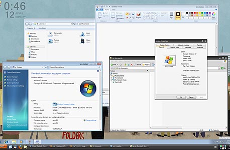 חלונות 7 פועלת במערכת וירטואלית תחת חלונות XP, במצב Seamless, צילום מסך