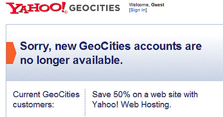 יאהו נוהגת לסגור שירותים בסיטונות, זוכרים את גיאוסיטיז?, צילום מסך: geocities.yahoo.com